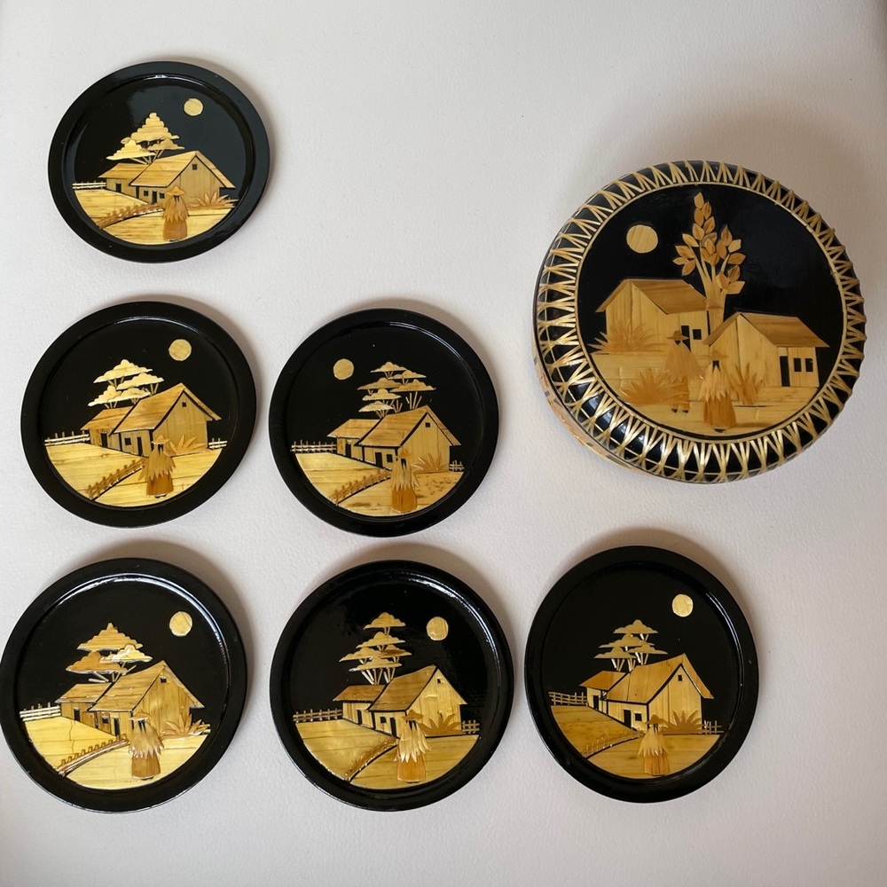 Authentic Asian wood carved 6 piece wooden coaster Set
